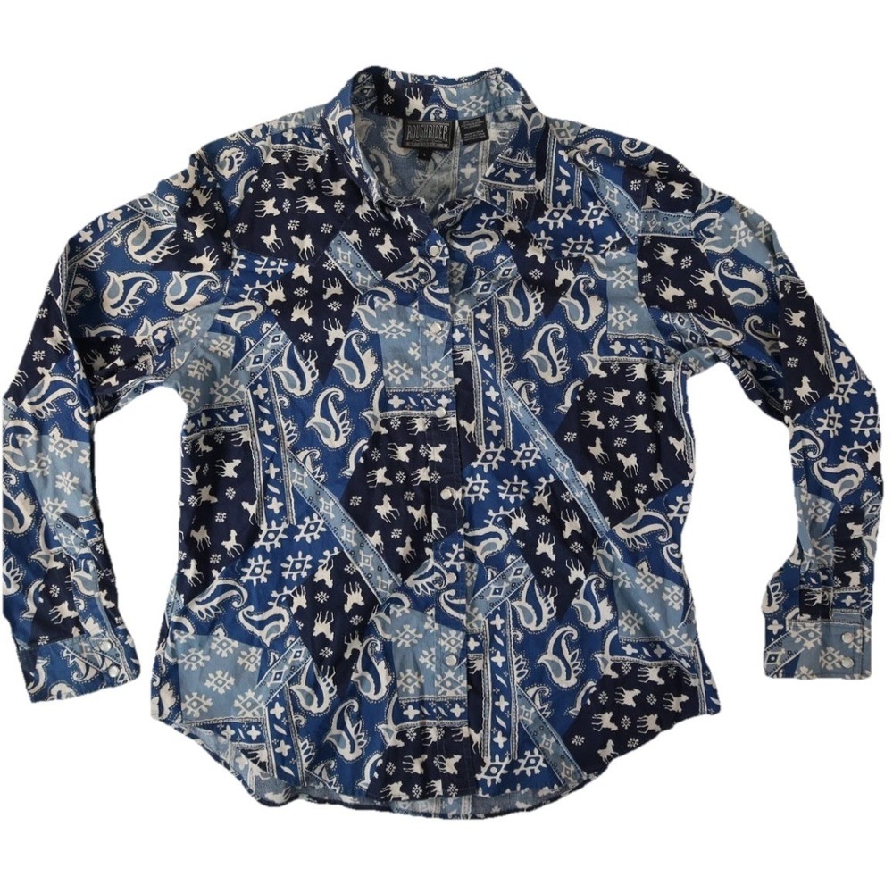 Rough Rider Pearl Snap Size Large Blue Paisley Ranching Western Wear Shirt